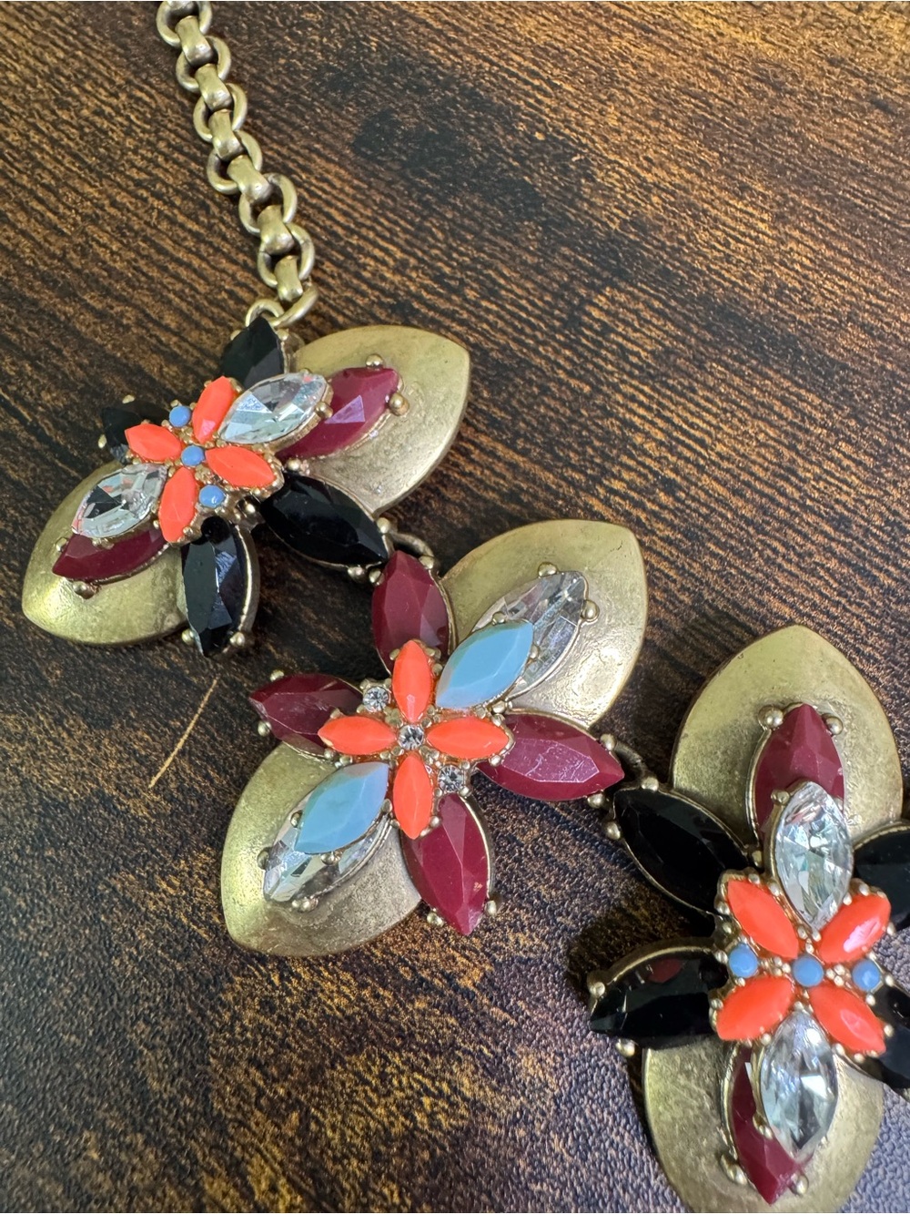 J. Crew Multicolor Geo Floral Deco Statement Bib Necklace in Antiqued Brass - Picture 3 of 7